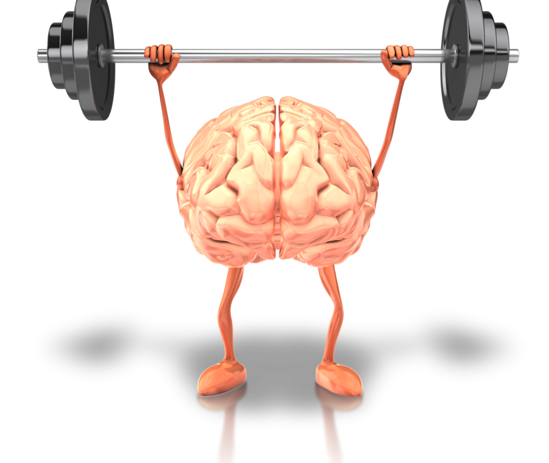 Brain lifting a bar bell overhead to reduce stress